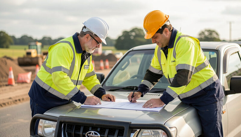 Two engineers in hi-vis and hard hats reviewing drawings on the bonnet of a ute at a road works site.
