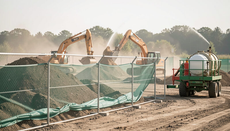 Excavators working inside a fenced remediation site with green mesh, soil stockpiles and a water cart spraying dust.