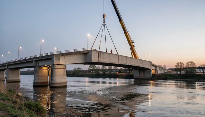 A large concrete bridge segment being lifted by a yellow crane over a river at dusk with work lights on.