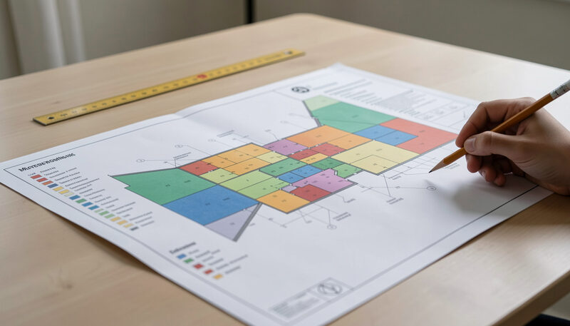 A printed structure plan map spread on a table with coloured zones, a scale ruler and a hand holding a pencil.