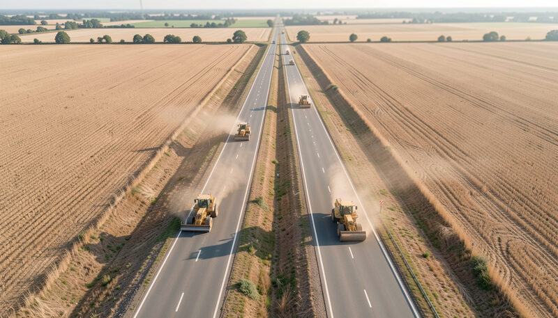 An aerial view of a new dual carriageway cutting through dry farmland with graders and rollers working in a line.