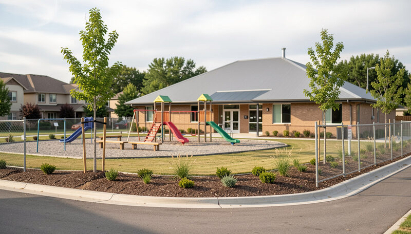 A new community centre with a playground and young trees in a growing suburb, construction fencing still up at the edge.