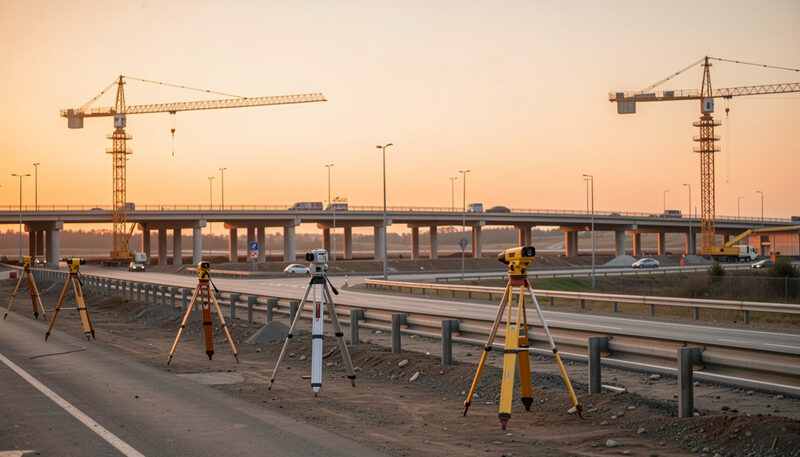 A highway interchange under construction at dawn with cranes, concrete piers and surveyor tripods in orange light.